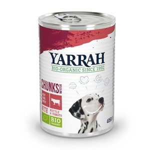 12x405g Yarrah Bio csirke, bio marha, bio csalán & bio paradicsom nedves kutyatáp 9+3 ingyen