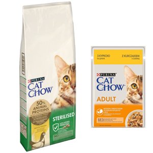 15kg Purina Cat Chow Adult Special Care Sterilised száraz macskatáp+26x85gPURINA Cat Chow csirke nedves macskatáp ingyen
