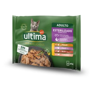 48x85g Ultima Cat Sterilized Hús-változatok nedves macskatáp 38+10 ingyen akcióban