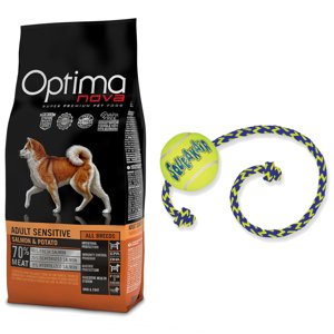 12kg Optimanova Adult Adult Sensitive lazac & burgonya száraz kutyatáp+KONG SqueakAir Ball kötéllel kutyajáték ingyen