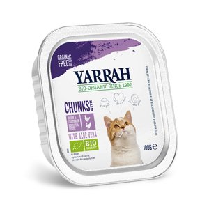 12x100g Yarrah Bio Falatkák szószban bio csirke, bio pulyka & bio aloe vera tálcás nedves macskatáp 9+3 ingyen akcióban