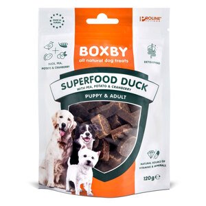 2x120g Boxby Superfood snackek kacsával, borsóval és áfonyával kutyáknak 10% kedvezménnyel