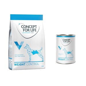 1kg Concept for Life Veterinary Diet Weight Control száraz kutyatáp+6x400g Concept for Life Veterinary Diet Weight Control nedves kutyaeledel 20% árengedménnyel