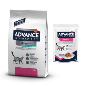 7,5kg Advance Veterinary Diets Feline Urinary Sterilized Low Calorie száraz macskatáp+12x85g Advance Veterinary Diets Feline Urinary nedves macskatáp ingyen
