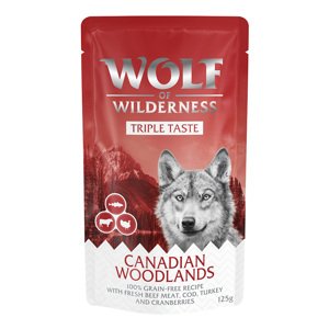 12x125g Wolf of Wilderness "Triple Taste" rendkívüli kedvezménnyel nedves kutyatáp - Canadian Woodlands - Marha, tőkehal, pulyka