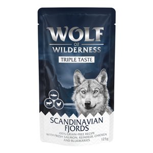 12x125g Wolf of Wilderness "Triple Taste" rendkívüli kedvezménnyel nedves kutyatáp - Scandinavian Fjords - Lazac, rénszarvas, csirke