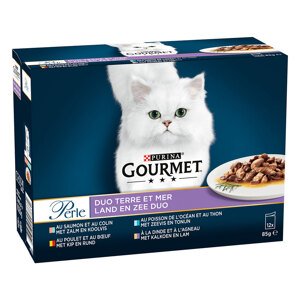 48x85g Gourmet Perle vegyes válogatás Szárazföldi & tengeri duó nedves macskatáp 3+1 ingyen akcióban