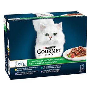 48x85g Gourmet Perle vegyes válogatás Válogatott csíkok zöldséggel nedves macskatáp 3+1 ingyen akcióban