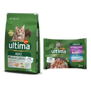 7,5kg Ulima Cat Adult lazac & rizs száraz macskatáp+48x85g Ultima Cat Sterlised halválogatás nedves macskatáp árengedménnyel