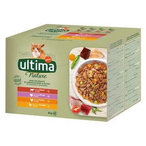 96x85g Ultima Cat Nature húsvariáció (marhahús, pulyka, csirke, szárnyas) nedves macskatáp 20% kedvezménnyel!