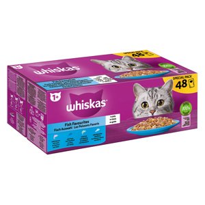 96x85g Whiskas Adult Halválogatás aszpikban nedves macskatáp 80+16 ingyen