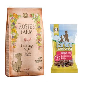12kg Rosie's Farm Marha, édesburgonya & csicseriborsó száraz kutyatáp+7db Barkoo Dental Medium kutyasnack ingyen
