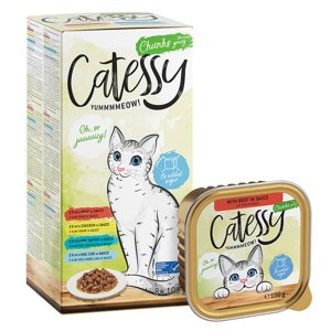 8x100g Catessy tálcás nedves macskatáp vegyes csomag: Falatok szószban rendkívüli árengedménnyel