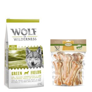 12kg Wolf of Wilderness Adult 'Green Fields' - bárány száraz kutyatáp+750g 15cm-es Lukullus csirke rágócsont kutyáknak ingyen
