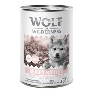 24x400g Wolf of Wilderness Junior Muddy Routes nedves kutyatáp 20+4 ingyen