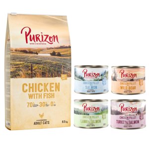 6,5kg Purizon Adult csirke & hal száraz macskatáp+6x200g Purizon Adult gabonamentesnedvestáp vegyes csomagban ingyen