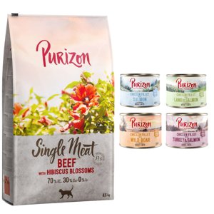 6,5kg Purizon Single Meat marha & hibiszkuszvirág száraz macskatáp+6x200g Purizon Adult gabonamentesnedvestáp vegyes csomagban ingyen
