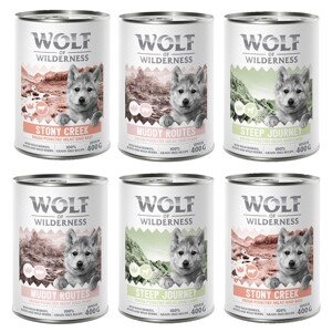 6x400g Wolf of Wilderness vegyes csomag óriási kedvezménnyel! nedves kutyatáp JUNIOR Szárnyas marhával, szárnyas  báránnyal, szárnyas sertéssel