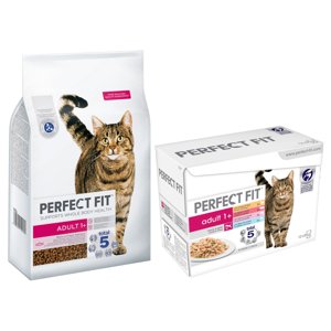 7kg Perfect Fit Adult 1+ lazac száraz macskatáp+48x85g Perfect Fit nedves macskatáp mix ingyen