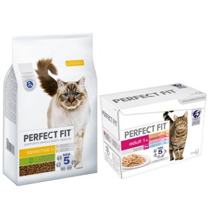 7kg Perfect Fit Sensitive 1+ pulyka száraz macskatáp+48x85g Perfect Fit nedves macskatáp mix ingyen