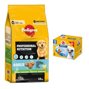 12kg Pedigree Professional Nutrition Adult Szárnyas & zöldség száraz kutyatáp+56db Pedigree Dentastix snack kis testű kutyáknak 15% árengedménnyel