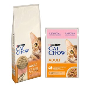 15kg Purina Cat Chow Adult lazac száraz macskatáp+26x85g Purina Cat Chow lazac nedves macskatáp ingyen