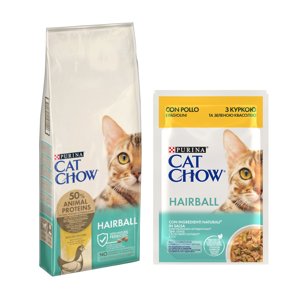 15kg Purina Cat Chow Adult Special Care Hairball Control száraz macskatáp+26x85g Purina Cat Chow Hairball csirke & zöldbab nedves macskatáp ingyen