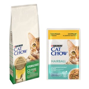 15kg Purina Cat Chow Adult Special Care Sterilised száraz macskatáp+26x85g Purina Cat Chow Hairball csirke & zöldbab nedves macskatáp ingyen