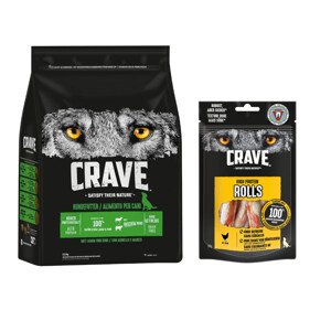 2,8kg Crave Adult bárány & marha száraz kutyatáp+4x85g Crave High Protein Rolls kutyasnack 15% árengedménnyel