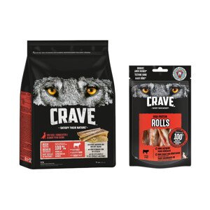 2,8kg Crave Marha, csontvelő & ősgabona száraz kutyatáp+4x85g Crave High Protein Rolls kutyasnack 15% árengedménnyel