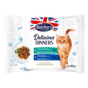 32x100g Butcher's Delicious Dinners nedves macskatáp Mix: tengeri hal + tőkehal
