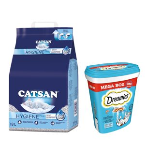 18 l Catsan Hygiene Plus macskaalom+2x350g Dreamies lazac macskasnack 15% árengedménnyel