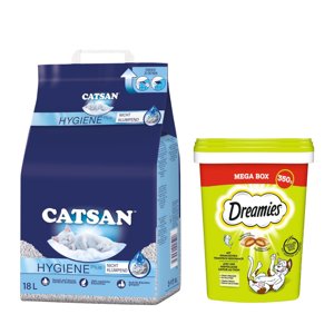 18 l Catsan Hygiene Plus macskaalom+2x350g Dreamies tonhal macskasnack 15% árengedménnyel