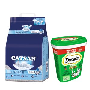 18 l Catsan Hygiene Plus macskaalom+2x350g Dreamies macskamenta macskasnack 15% árengedménnyel