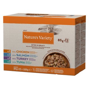 24x85g Nature's Variety  Bites szószban nedves macskatáp vegyes csomag 4 változattal: pulyka, lazac, tonhal, csirke, 16+8 ingyen akcióban