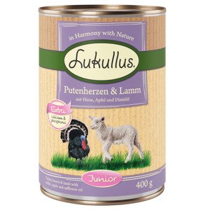 12x400g Lukullus Junior pulykaszív & bárány nedves kutyatáp 10+2 ingyen akcióban
