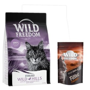 6,5kg Wild Freedom Adult "Wild Hills" Sterilised kacsa száraz macskatáp+100g Wild Freedom Filet csirke macskasnack ingyen