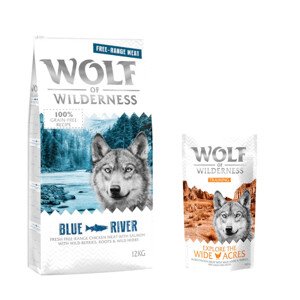 12 kg Wolf of Wilderness száraz kutyatáp + “Explore the Wide Acres” csirke 100 g kutyasnack ingyen! - Adult "Blue River" - szabad tartású csirke & lazac