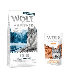 12 kg Wolf of Wilderness száraz kutyatáp + “Explore the Wide Acres” csirke 100 g kutyasnack ingyen! - Senior "Blue River"- szabad tartású csirke & lazac