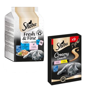 6 x 50 g Sheba Fresh & Fine nedvestáp + 9 x 12 g Creamy Snacks rendkívüli kedvezménnyel! - Tonhal & lazac aszpikban 6 x 50 g + Csirke & lazac 9 x 12 g