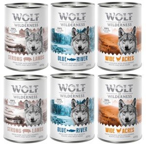 24x400g Wolf of Wilderness nedves kutyatáp-Mix: 12x csirke + 6x sertés + 6x hal