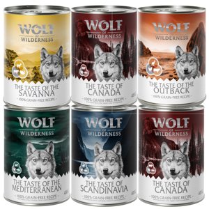 6x400g Wolf of Wilderness 'The Taste Of' nedves kutyatáp vegyes próbacsomagban: 2xCanada, 1xScandinavia, Mediterranean, 1xSavanna,1xOutback
