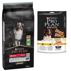 14kg PURINA PRO PLAN Medium Adult Sensitive Digestion kutyatáp+400g Biscuits Light snack ingyen