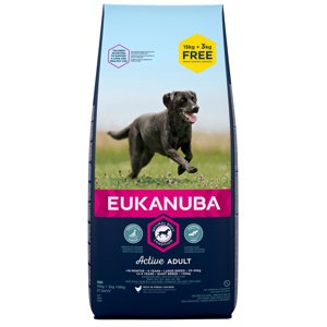 18kg Eukanuba Adult Large Breed csirke száraz kutyatáp 15+3kg ingyen akcióban