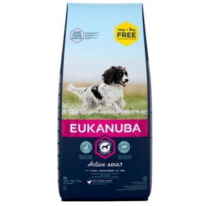 18kg Eukanuba Adult Medium Breed csirke száraz kutyatáp 15+3kg ingyen akcióban