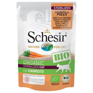 6x85g Schesir Sterilized Bio marha, bio csirke & bio sárgarépa tasakos nedves macskatáp