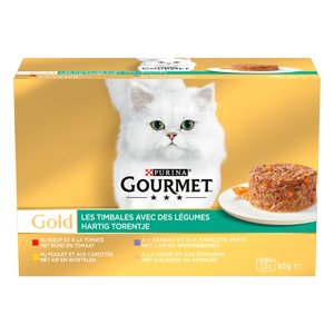 96x85 g  Jumbopack: Gourmet Gold - rafinált ragu: Marha, csirke, bárány, pulyka  & zöldség nedvestáp macskáknak