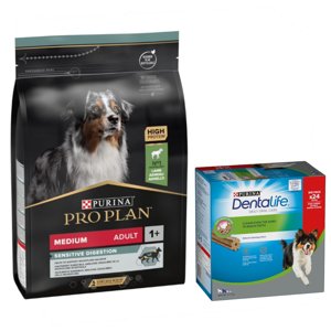 7kg PURINA PRO PLAN Medium Adult Sensitive Digestion bárány & rizs +  Purina Dentalife snack közepes termetű kutyáknak