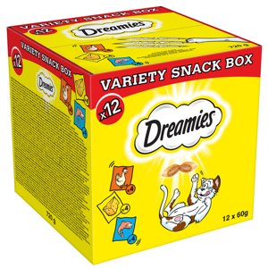 12x60g Dreamies macskacsemege 3-féle snack (csirke, sajt, lazac) vegyesen 15% kedvezménnyel