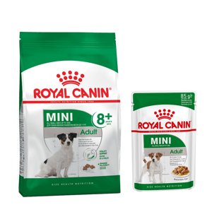 8kg Royal Canin Mini Adult 8+ száraz kutyatáp+12x85g nedvestáp ingyen!